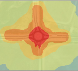 Figure 5-5. Comparison images for the CA12/113 intersection showing the as-built intersection (left image), the calculated illuminance at the as-built intersection (middle image), and a shielded alternative (right image). Both lighting solutions meet the CA roadway standards (red indicates the highest levels and blue indicates the lowest). Image credit: Travis Longcore and Clanton & Associates
