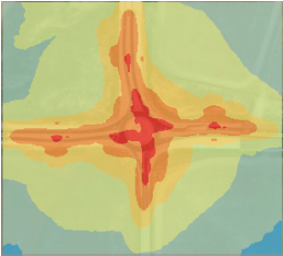 Figure 5-5. Comparison images for the CA12/113 intersection showing the as-built intersection (left image), the calculated illuminance at the as-built intersection (middle image), and a shielded alternative (right image). Both lighting solutions meet the CA roadway standards (red indicates the highest levels and blue indicates the lowest). Image credit: Travis Longcore and Clanton & Associates